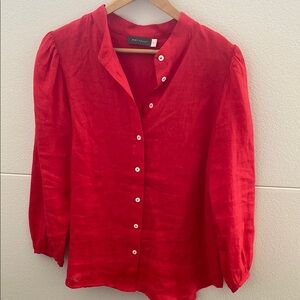 Red Linen Puff Sleeve Blouse with Mandarin Collar